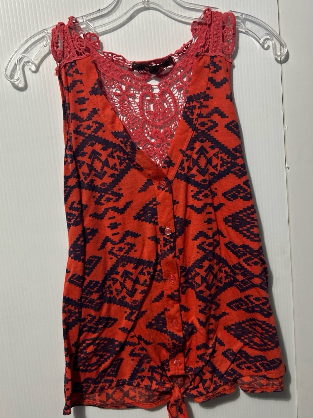 Red Aztec Crochet-Back Tie-Hem Women's Tank Top